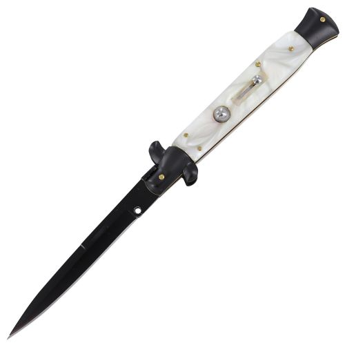 10.5" Pearl White Stiletto Automatic Knife Black Bayo