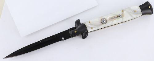 10.5" Pearl White Stiletto Automatic Knife Black Bayo