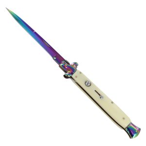 12.5" Cream Switchblade Stiletto Automatic Knife Rainbow Bayo