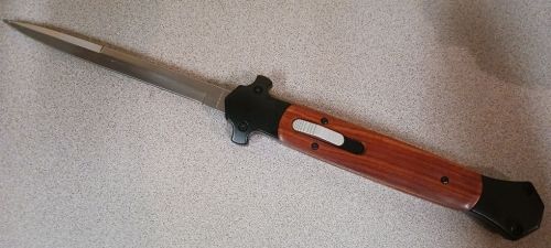 13" Mago Brown Wood Stiletto D/A OTF Automatic Knife Bayonet Point Satin Plain