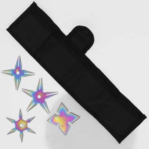 Stainless Steel 4 Piece Rainbow Ninja Throwing Stars Set with Nylon Pouch