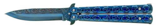 5" Stainless Steel Butterfly Knife Blue Skulls bf-102-5