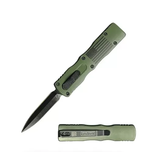 5.25" Rugged American Flag Army Green Handle Mini OTF Automatic Knife