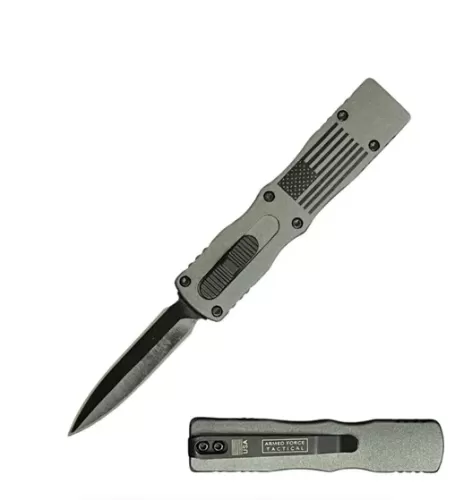 5.25" Rugged American Flag Army Grey Handle Mini OTF Automatic Knife
