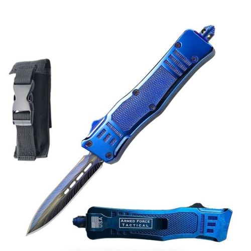 7" Delta Force Blue D/A OTF Automatic Knife Dagger Point Blue Titanium