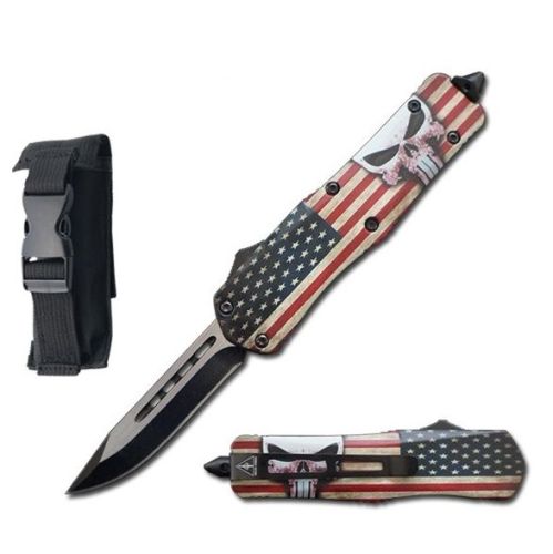 7" US Flag Drop Point Blade Punisher Tactical OTF Knife