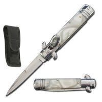 7.5" White Pearl Leverlock Automatic Knife Satin Bayo