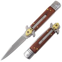 7" Wood Leverlock Automatic Knife Brass Satin Bayo