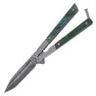 8.75" Green Marble Butterfly Knife Damascus Tanto Balisong
