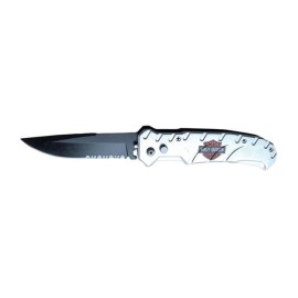 8" Harley Davidson Silver Automatic Knife Black Serrated Switchblade