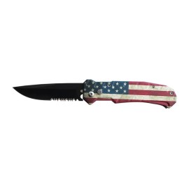 8" USA Flag Automatic Knife Clip Point Serrated Switchblade