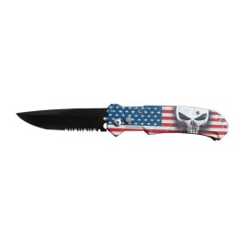 8" USA Flag Punisher Automatic Knife Clip Point Serrated Switchblade