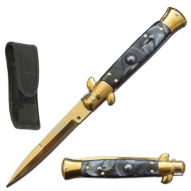 8.75" Classic Black Marble Milano Stiletto Automatic Knife Gold (3.85" Bayonet)