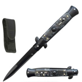 8.75" Classic Italian Stiletto Switch Blade Pocket Knife Black Marble Bayonet