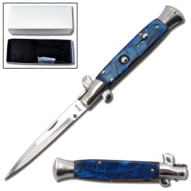 9.5 Inch Switchblade Stiletto Automatic Knife Blue Pearl Bayo