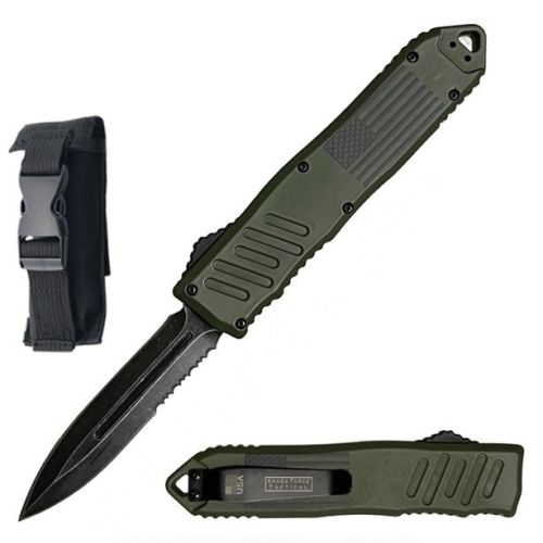 9" American Flag Army Green OTF Dual Action Automatic Knife