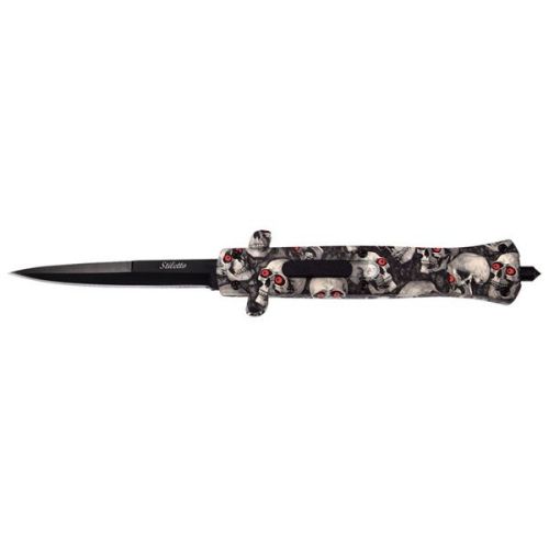 9" Dead Skulls ABS Gray D/A OTF Stiletto Automatic Knife Black Bayonet