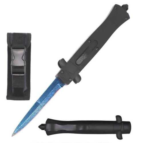 9" Mago Black Aluminum D/A OTF Stiletto Automatic Knife Blue Damascus Etched Bayonet