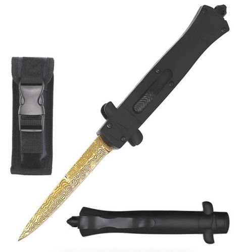 9" Mago Black Aluminum D/A OTF Stiletto Automatic Knife Gold Damascus Etched Bayonet