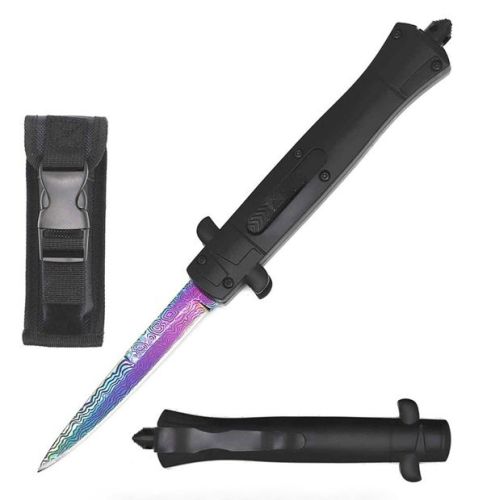 9" Mago Black Aluminum D/A OTF Stiletto Automatic Knife Rainbow Damascus Etched Bayonet