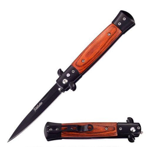 9" Open Classic Stiletto Automatic Knife Black Pakkawood Handle