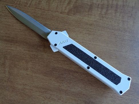 AKC F-16 White Grip D/A OTF Automatic Knife Satin Dagger