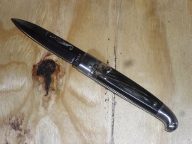 AKC Old Style 8 Inch Leverlock Italian Stiletto Automatic Knife Dark Horn