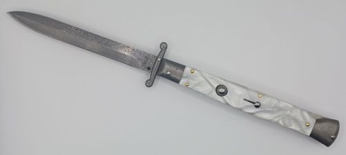 AKC World 11" Imitation Pearl Damascus Italian Swinguard Automatic Knife