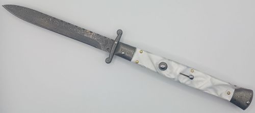 AKC World 11" Imitation Pearl File Work Damascus Italian Swinguard Automatic Knife