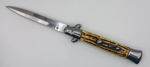 AKC World 9" Stag Italian Stiletto Automatic Knife Bayonet Satin