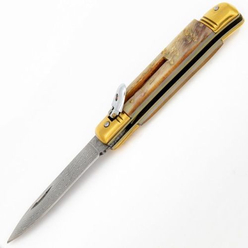 Automatic Land to Surf Semi Rough Ram Horn Gold Lever Lock Switchblade Knife