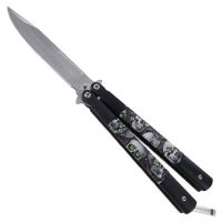 Death Skulls Grey Balisong Butterfly Knife Satin Drop Point