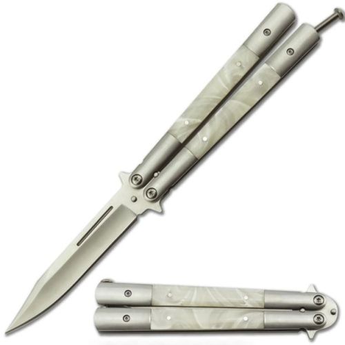 Dojo 9" Pearl White Heavy Balisong Butterfly Knife Satin Drop Point