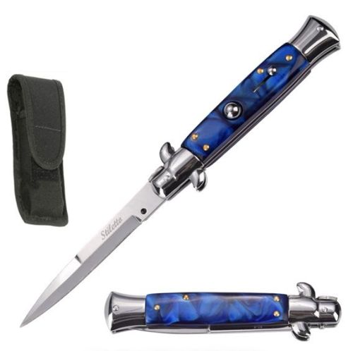 8.75" Blue Pearl Milano Stiletto Automatic Knife Satin Bayonet