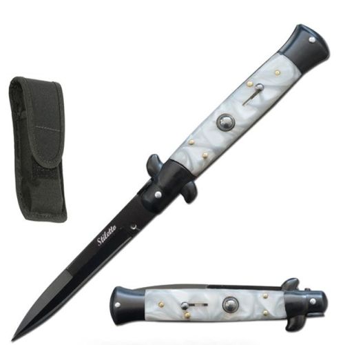 Best Value Black White Pearl Milano Stiletto Automatic Knife (8.75" Overall)