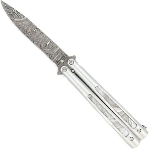 Best Value Heavy Duty Pearl Marble Silver Butterfly Knife Damascus Blade Drop Point