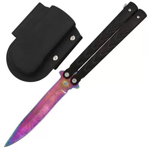 Black Butterfly Balisong Knife Titanium Damascus with Hard ABS Sheath