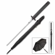 Black Umbrella Sword - Fully Functional With Hidden Stainless Steel Blade - Sword Cane With Rain, Sun Protection - Katana / Ninja Hilt - Windproof, Waterproof Nylon Canopy