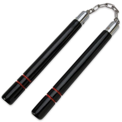 12" Black Wood Nunchaku Red Stripes