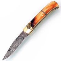 9" Jimmys Burnt Bone Automatic Leverlock Knife Damascus Drop Point