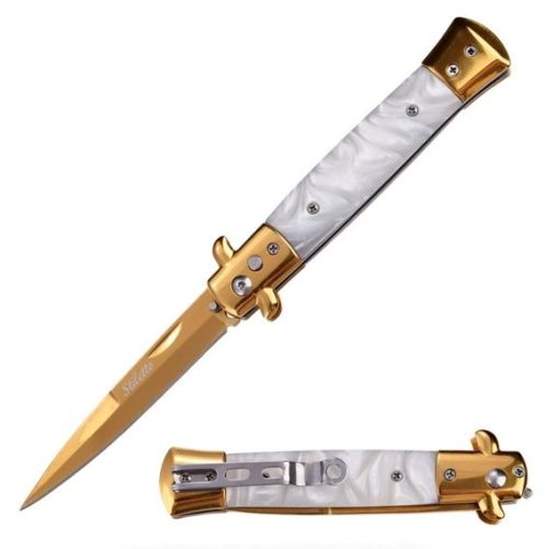 9" Open Classic Stiletto Automatic Knife Gold White Pearl Handle