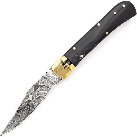 Damascus Buffalo Horn Leverlock Automatic Knife Clip Point