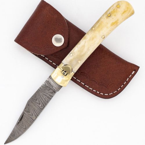 Damascus Camel Bone Lever Lock Automatic Knife File Work