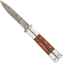 Damascus Clip Point Creature Comforts Wood Butterfly Balisong Knife Flipper