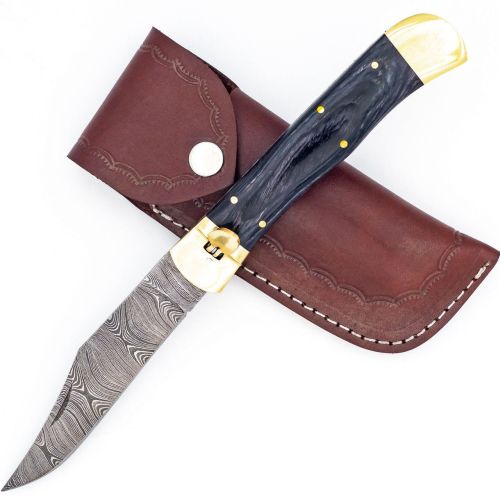 Damascus Dark Wood Leverlock Automatic Knife Clip Point