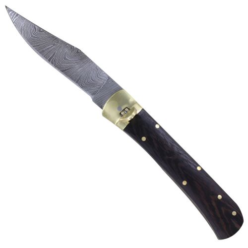 Damascus Dark Wood Leverlock Automatic Knife File Work