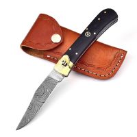 Damascus Micarta Leverlock Automatic Knife Drop Point