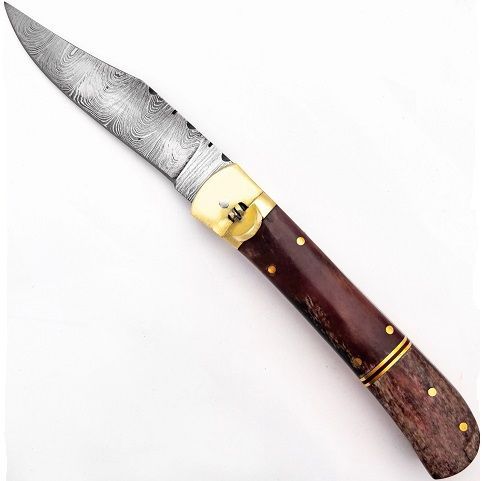 Damascus Wine Red Bone Leverlock Automatic Knife Clip Point