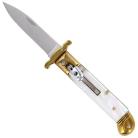 Deep Ocean Pearl White Leverlock Swinguard Automatic Knife Brass