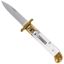 Deep Ocean Pearl White Leverlock Swinguard Automatic Knife Brass